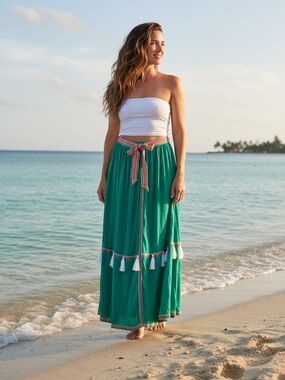 NWT Pitusa Emerald Maxi Wrap Skirt with Tassel Trim